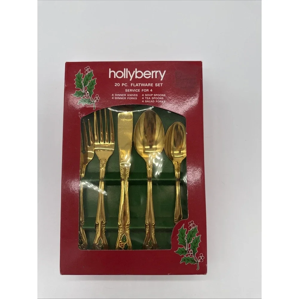 VTG Hollyberry Gold Plated Flatware NIB 20 PC Flatware Set Service For 4